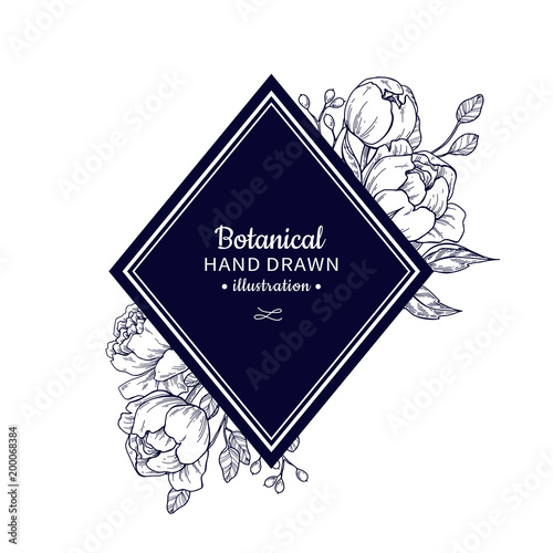 Vintage flower vector frame drawing. Peony, rose, leaves and ber