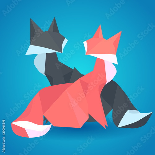 Illustration of pair of paper origami foxes. Paper Zoo. Vector element for your design
