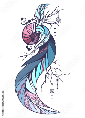 Coloring illustration of a boho element. Doodle illustration of cockleshell with feathers and beads  for sketch of tattoos, printing on T-shirts, covers and your creativity. Coloring for adults
