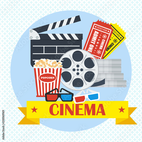 Movie poster template. Cinema flat vector cartoon illustration. Objects isolated on white background.