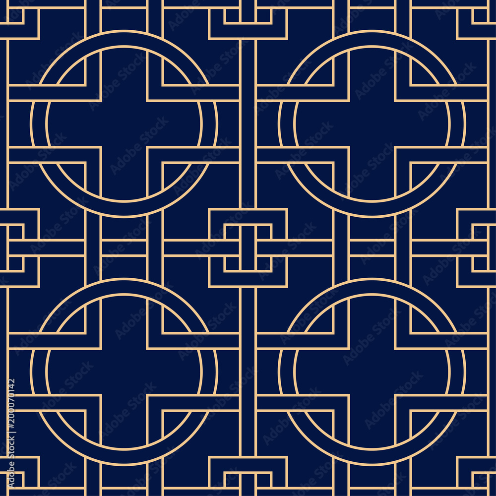Obraz premium Golden geometric ornament on blue background. Seamless pattern