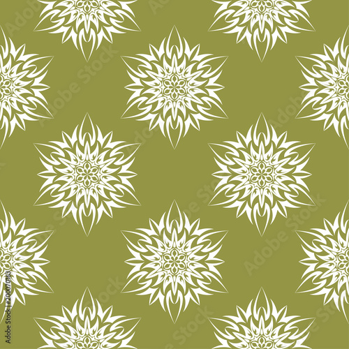 White floral seamless design on olive green background © Liudmyla