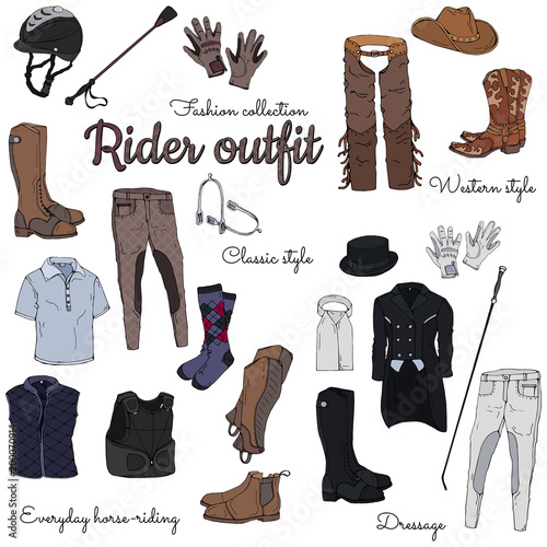 Set of objects on the rider equipment theme. Vector colorful images of sports outfits and clothes for the horse rider.