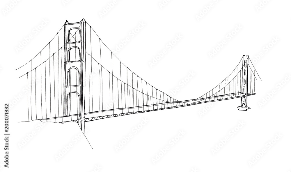Hand drawn architecture sketch illustration of Golden Gate Bridge, San Francisco CA USA isolated on white