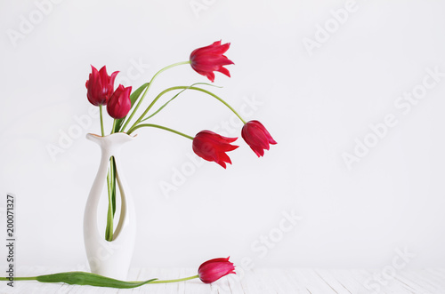Fototapeta Naklejka Na Ścianę i Meble -  red tulips in vase on white background