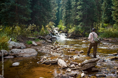 Fisherman fishing in mountain stream in wilderness