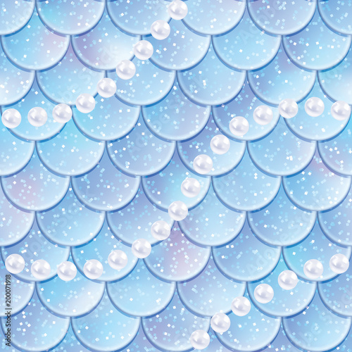 Fish scales and pearls seamless pattern. Mermaid tail texture. Vector illustration