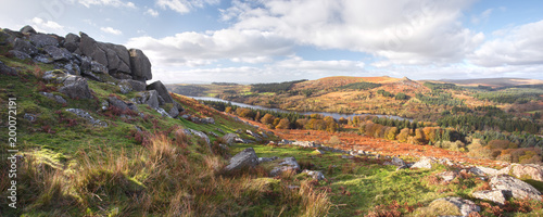 Panoramic view from Sheepstor over Burrator reservoir Dartmoor Devon uk