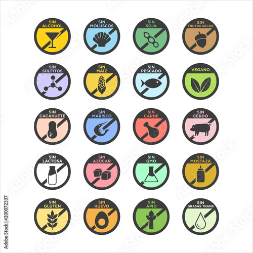 Allergen icons set in spanish. Color. Vector illustration.
