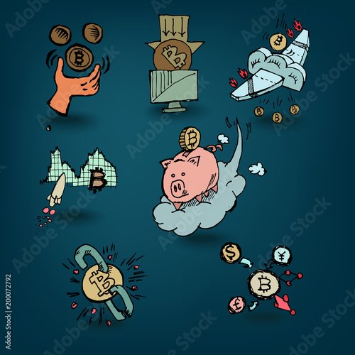 Set of doodle style related to Bitcoin, cryptocurrency for electronic payments and blockchain technology concept., Vector illustration.