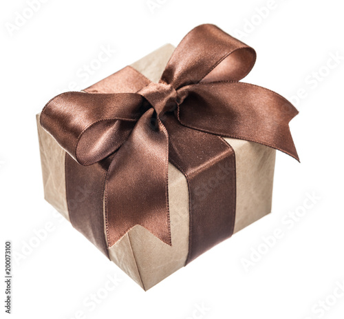 Brown wrapped present box isolated on white
