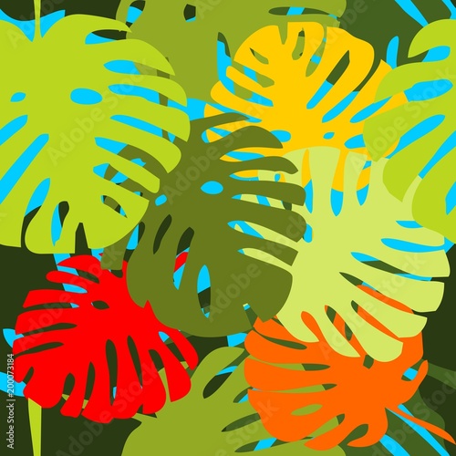 Tile tropical vector pattern with green exotic leaves on blue background