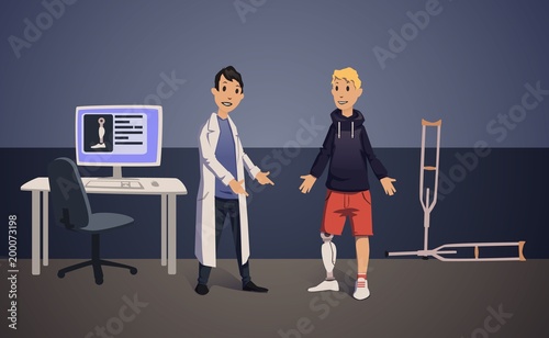 Doctor and patient with artificial leg in medical office. Bionic prosthesis. Vector illustration.