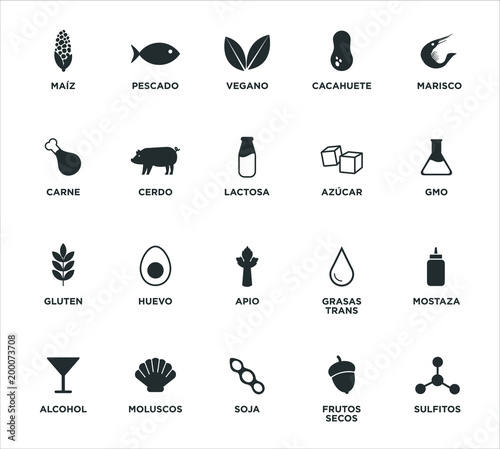 Allergen icon set. Vector illustration. Written in Spanish.