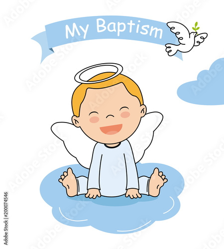 baptism invitation card. Smiling angel boy sitting on a cloud