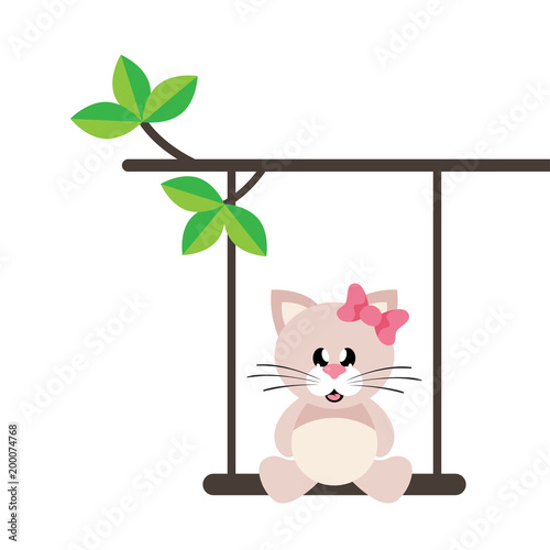 cartoon cute cat girl sitting on a swing and on a branch