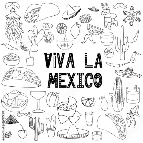 Hand drawn traditional symbols. Design elements about Mexico. Vector illustration clip art.