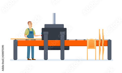 Worker produces furniture parts on machine. Packing and cutting tree.