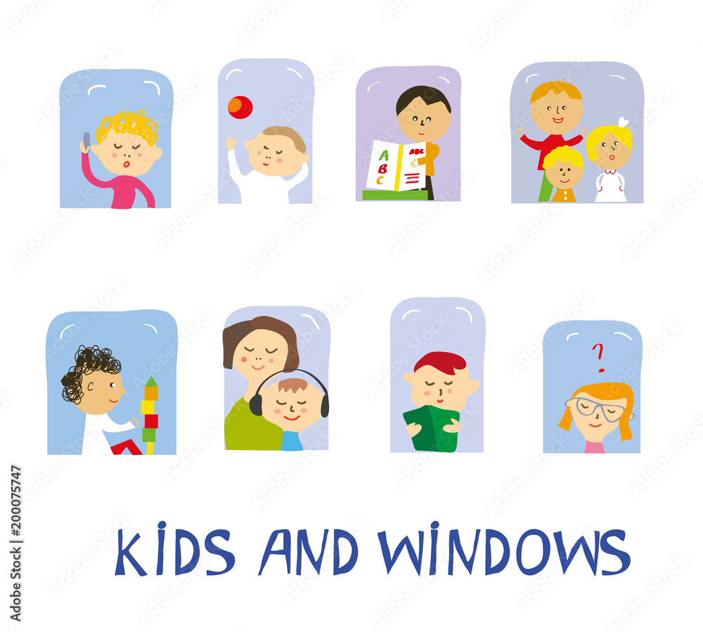 Kids playing, learning and having fun set at home near the windows. Vector graphic illustration