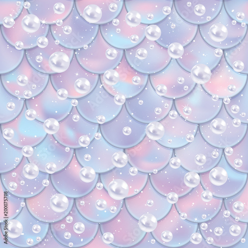 Fish scales and pearls seamless pattern. Mermaid tail texture. Vector illustration