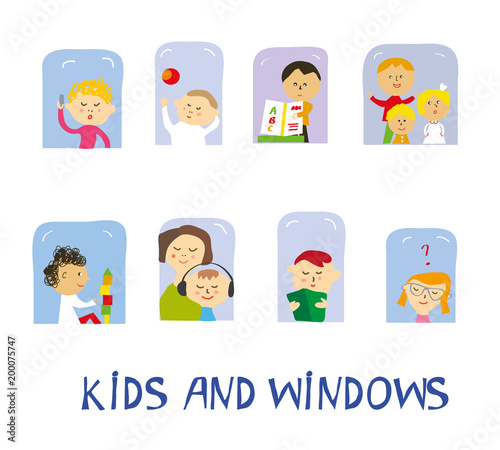 Kids playing, learning and having fun set at home near the windows. Vector graphic illustration