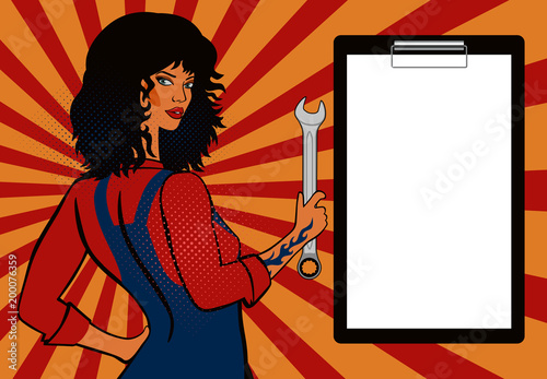 Pop art, black-haired girl mechanic with a spanner. Blank form. Mok up