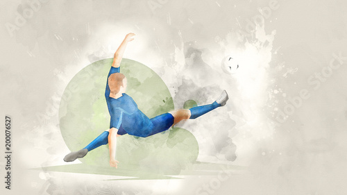 Creative abstract soccer player. Soccer Player Kicking Ball. Watercolor background. Retro style