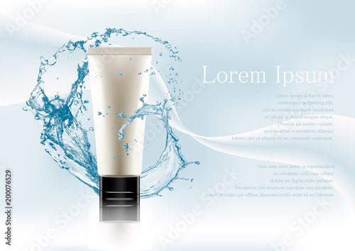 Advertising magazine page,Splash of water.White package with black lid for cosmetic products tube.Realistic mockup, plastic container on abstract stylish gradient background,text .Vector illustration.
