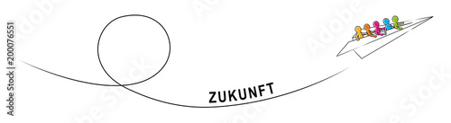 ZUKUNFT – Eine Gruppe Strichmännchen fliegt im Papierflieger aufwärts