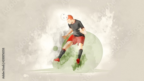 Creative abstract soccer player. Soccer Player Kicking Ball. Watercolor background. Retro style