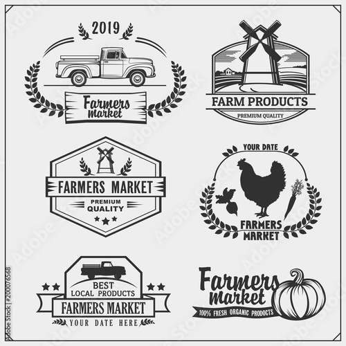 Set of farmers market emblems, logos and labels. Vector illustration.