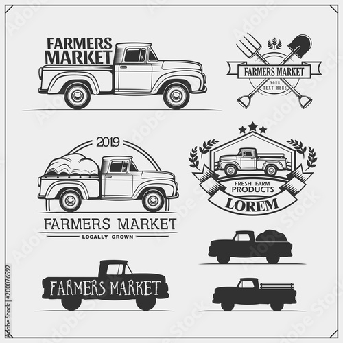 Set of farmers market emblems, logos and labels with pickup. Vector illustration.
