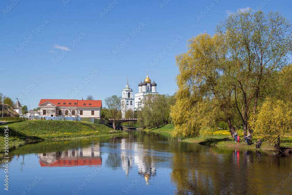 View from the river to the Trinity Cathedral in Pskov, Russia