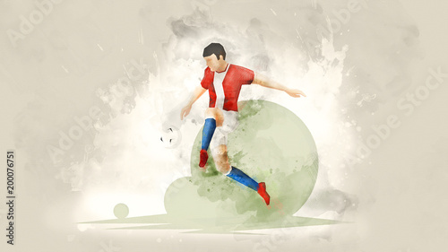 Creative abstract soccer player. Soccer Player Kicking Ball. Watercolor background. Retro style