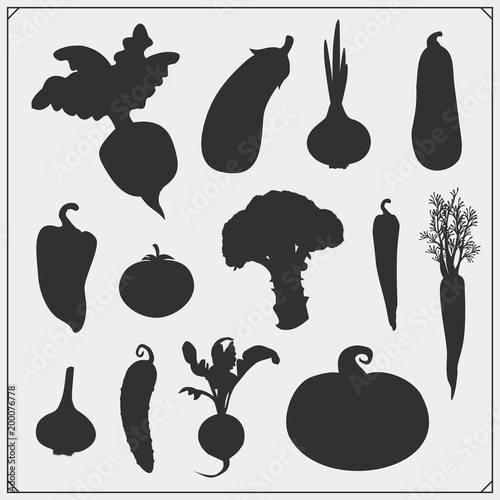 Vector set of vegetables silhouettes isolated on white background.
