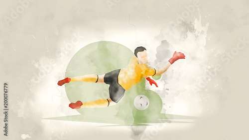 Creative abstract soccer player. Soccer goalkeeper catches the ball. Watercolor background. Retro style