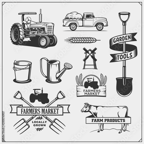 Set of farmer element. Farm tools, tractor, cow. Vector illustrations.