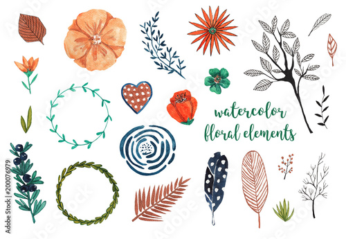 Watercolor floral elements for design. Watercolor hand-drawn illustration on white isolated background © scarlet_heath