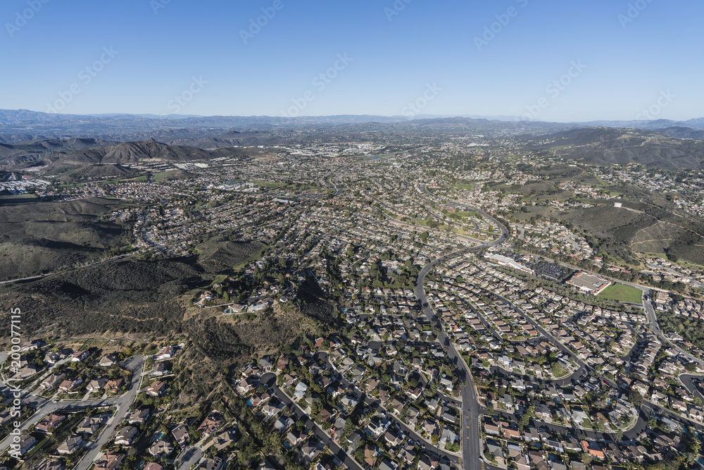 Aerial view of Newbury Park and Thousand Oaks suburban streets near Los Angeles, California.