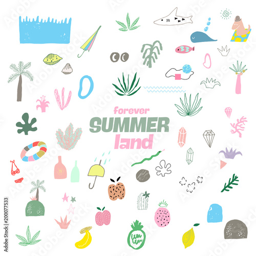 Summer Color Vector Abstract Covers Templates, Tropical Graphic Poster with Pastel Trendy Patterns, Organic Painted Stroke Textures, Hipster Backgrounds, Brochures, Album Covers and Banners