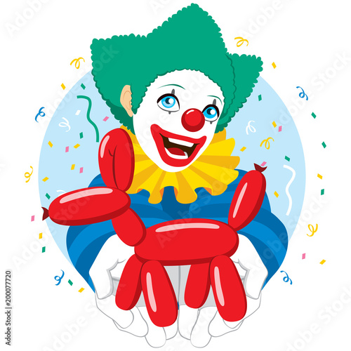Happy smiling clown holding red balloon dog figure