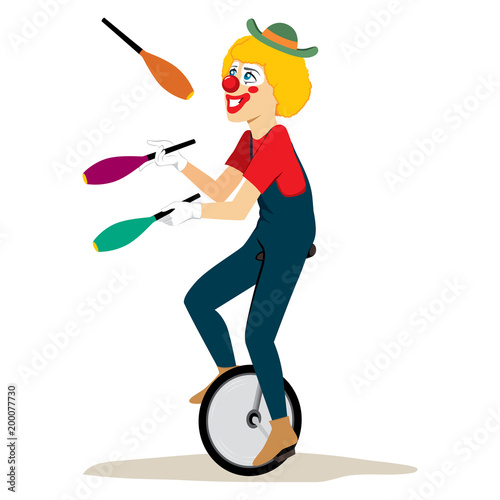Happy clown with hat riding unicycle juggling colorful pins