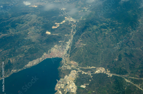 Aerial shooting from an airplane flying over the ground Edremit Turkey Ayvalik Balikesir