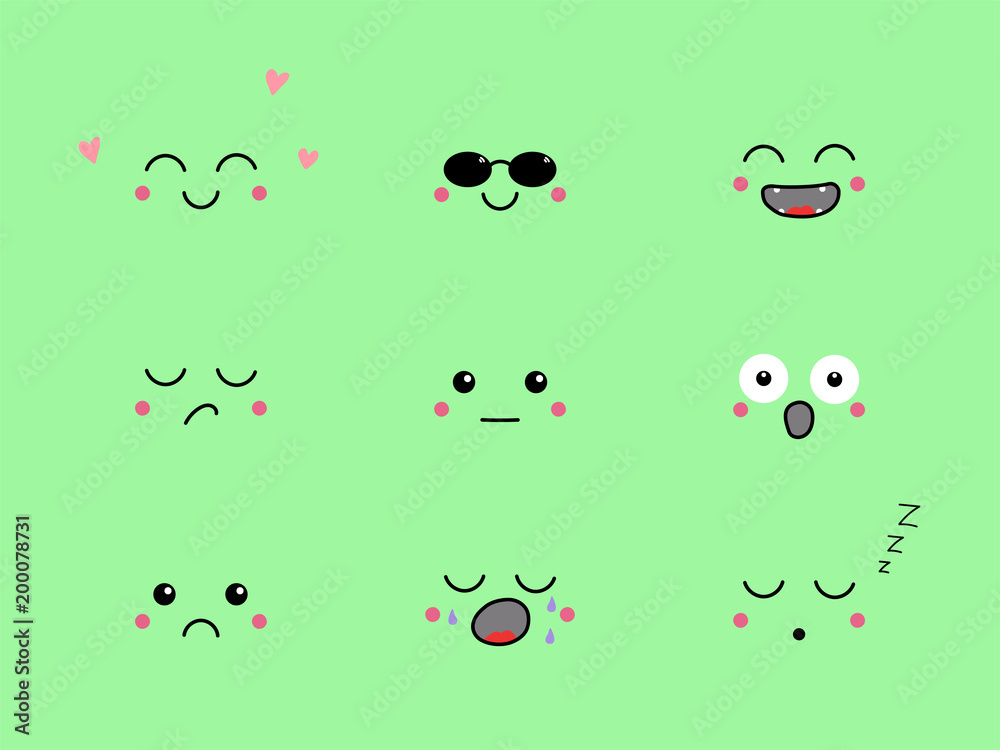Set of hand drawn cute funny emoji with different face expressions and  emotions. Isolated objects on green background. Design concept for icons,  emoticons. Stock Vector | Adobe Stock