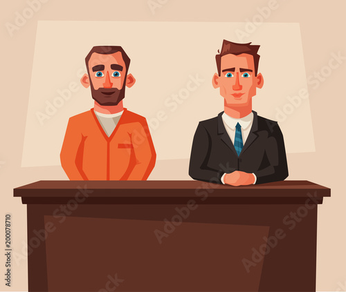 Serious lawyer sits by the table in courthouse with defendant. Cartoon vector illustration. Character design.