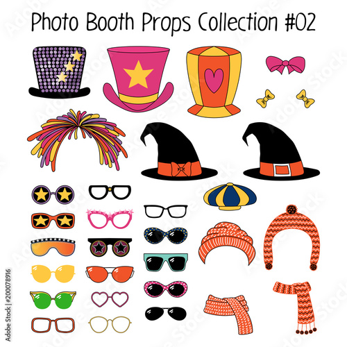 Set of hand drawn cartoon photo booth props with funky, witch, knitted hats, mufflers, ribbons, different glasses. Isolated objects on white background. Vector illustration. Design elements.