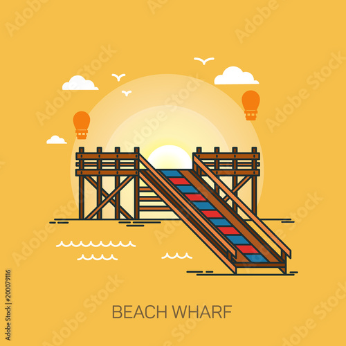 Wharf or quay, pier or wooden dock on beach