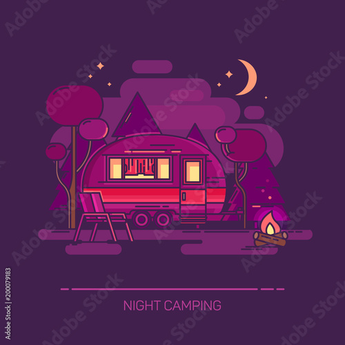 Outdoor view on cartoon trailer at night camping