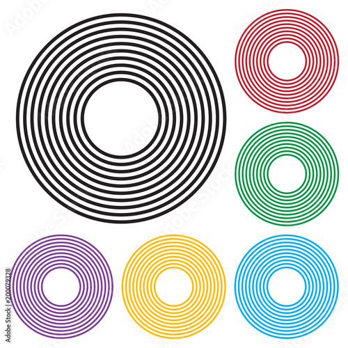 Set of concentric circles geometric element. Black and colorful version. Vector illustration