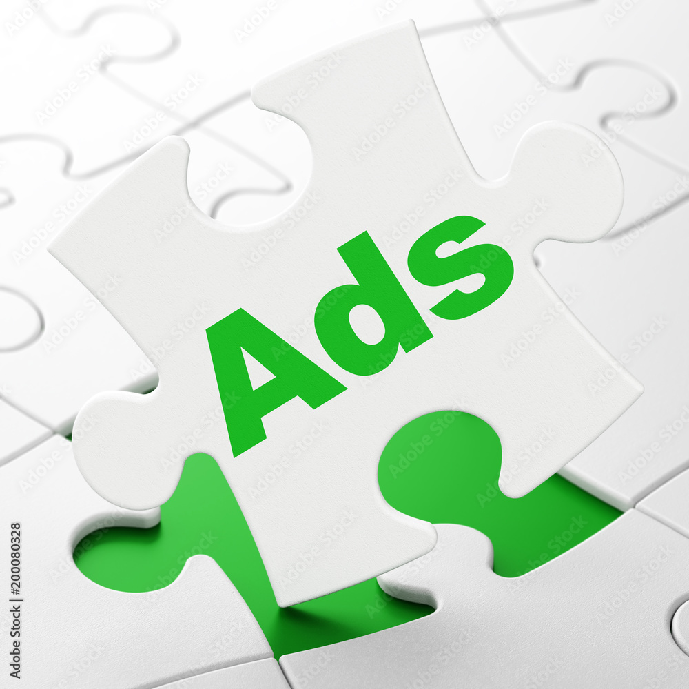 Marketing concept: Ads on White puzzle pieces background, 3D rendering Marketing concept: Ads on White puzzle pieces background, 3D rendering